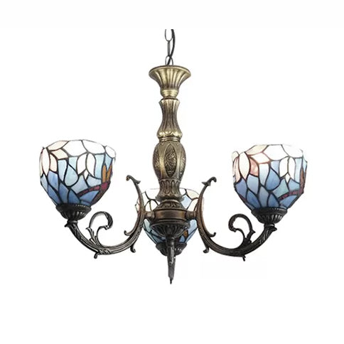 Tiffany Style Chandelier Living Room Lamp, 3 Lights Art Glass Pendant Lighting in Aged Brass with Bell Shade Clearhalo 'Ceiling Lights' 'Chandeliers' 'Industrial' 'Middle Century Chandeliers' 'Tiffany Chandeliers' 'Tiffany close to ceiling' 'Tiffany' Lighting' 10307