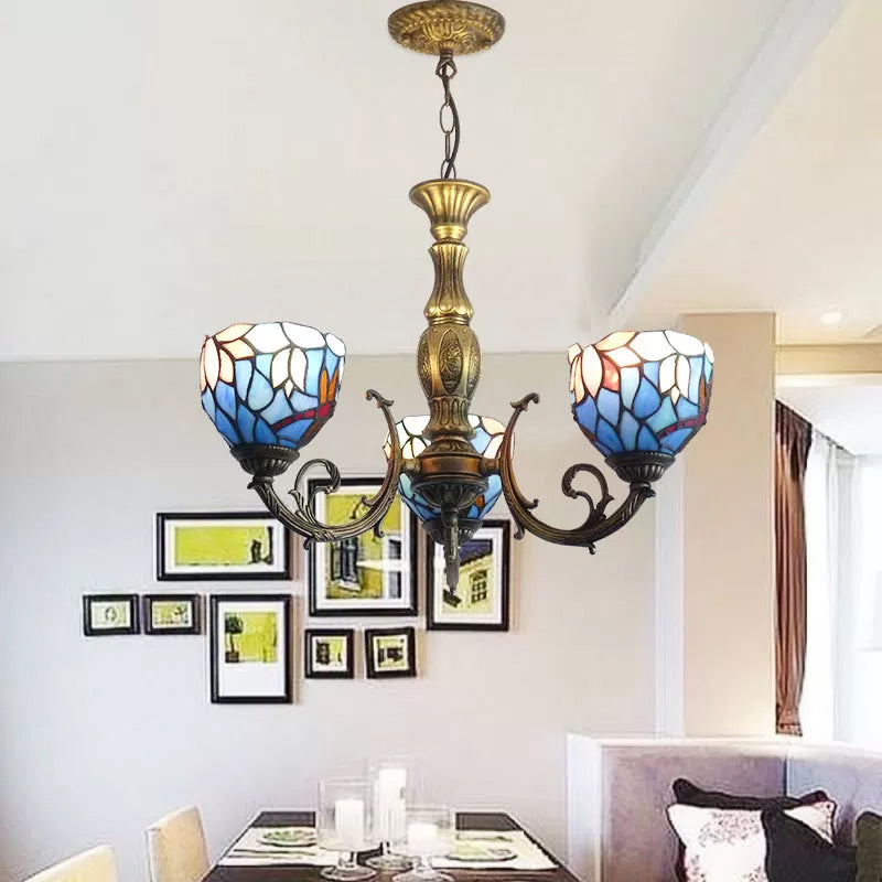 Tiffany Style Chandelier Living Room Lamp, 3 Lights Art Glass Pendant Lighting in Aged Brass with Bell Shade Blue Clearhalo 'Ceiling Lights' 'Chandeliers' 'Industrial' 'Middle Century Chandeliers' 'Tiffany Chandeliers' 'Tiffany close to ceiling' 'Tiffany' Lighting' 10308