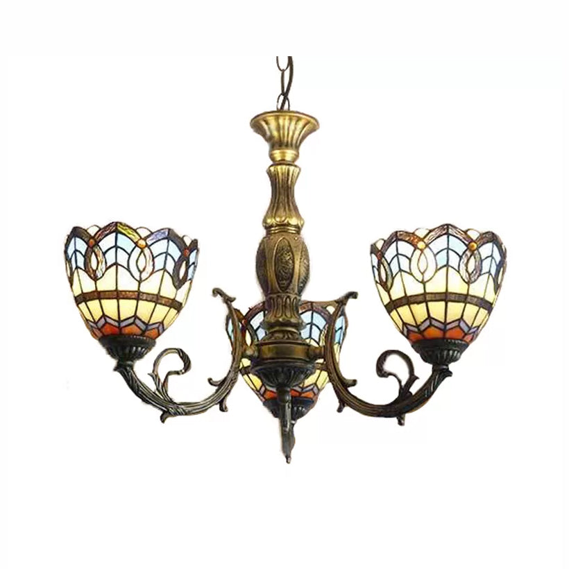 Tiffany Style Chandelier Living Room Lamp, 3 Lights Art Glass Pendant Lighting in Aged Brass with Bell Shade Clearhalo 'Ceiling Lights' 'Chandeliers' 'Industrial' 'Middle Century Chandeliers' 'Tiffany Chandeliers' 'Tiffany close to ceiling' 'Tiffany' Lighting' 10309