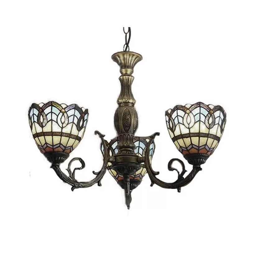 Tiffany Style Chandelier Living Room Lamp, 3 Lights Art Glass Pendant Lighting in Aged Brass with Bell Shade Beige Clearhalo 'Ceiling Lights' 'Chandeliers' 'Industrial' 'Middle Century Chandeliers' 'Tiffany Chandeliers' 'Tiffany close to ceiling' 'Tiffany' Lighting' 10310