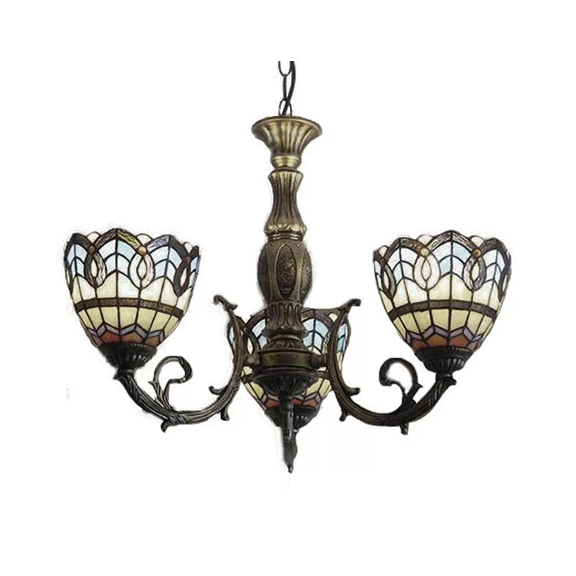 Tiffany Style Chandelier Living Room Lamp, 3 Lights Art Glass Pendant Lighting in Aged Brass with Bell Shade Beige Clearhalo 'Ceiling Lights' 'Chandeliers' 'Industrial' 'Middle Century Chandeliers' 'Tiffany Chandeliers' 'Tiffany close to ceiling' 'Tiffany' Lighting' 10310