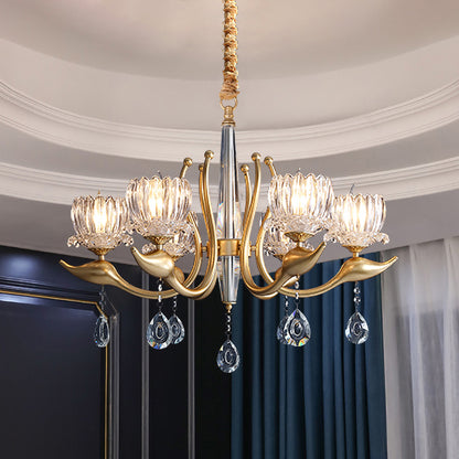 6-Light Lotus Shade Pendulum Light Traditional Gold Finish Clear Crystal Pendant Chandelier Gold Clearhalo 'Ceiling Lights' 'Chandeliers' 'Modern Chandeliers' 'Modern' Lighting' 1031083