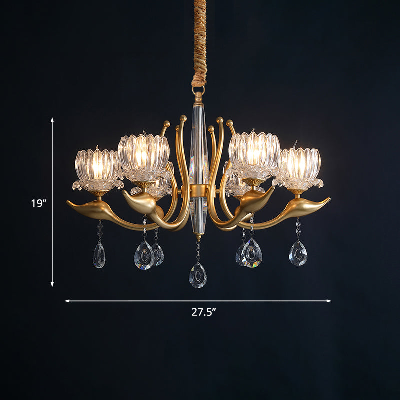 6-Light Lotus Shade Pendulum Light Traditional Gold Finish Clear Crystal Pendant Chandelier Clearhalo 'Ceiling Lights' 'Chandeliers' 'Modern Chandeliers' 'Modern' Lighting' 1031086