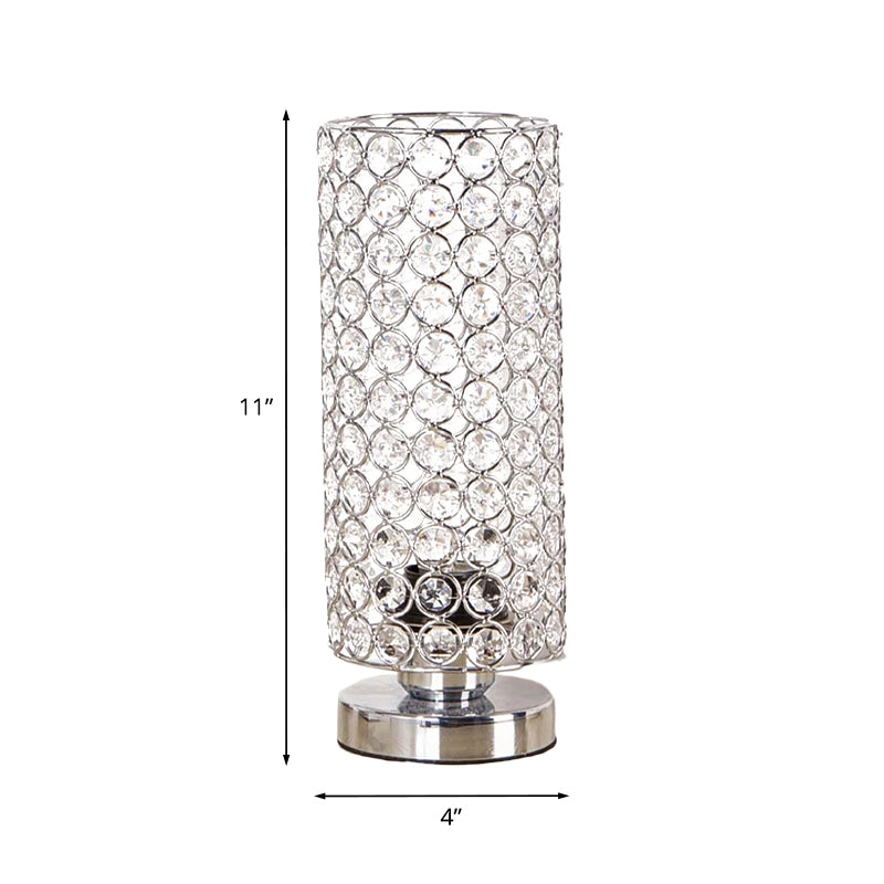 1 Light Bedroom Desk Light Minimalist Chrome Finish Table Lamp with Cylindrical Crystal-Encrusted Shade Clearhalo 'Lamps' 'Table Lamps' Lighting' 1031178