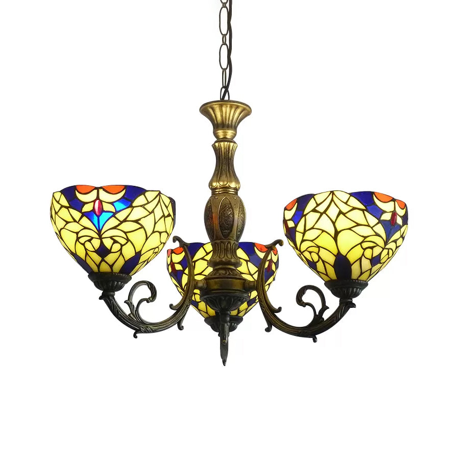 Tiffany Style Chandelier Living Room Lamp, 3 Lights Art Glass Pendant Lighting in Aged Brass with Bell Shade Clearhalo 'Ceiling Lights' 'Chandeliers' 'Industrial' 'Middle Century Chandeliers' 'Tiffany Chandeliers' 'Tiffany close to ceiling' 'Tiffany' Lighting' 10314