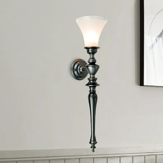 1 Bulb Sconce Light Fixture with Tapered Milky Glass Vintage Wall Mount Lamp in Black Clearhalo 'Wall Lamps & Sconces' 'Wall Lights' Lighting' 1031554