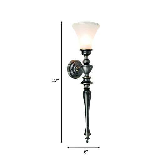 1 Bulb Sconce Light Fixture with Tapered Milky Glass Vintage Wall Mount Lamp in Black Clearhalo 'Wall Lamps & Sconces' 'Wall Lights' Lighting' 1031556