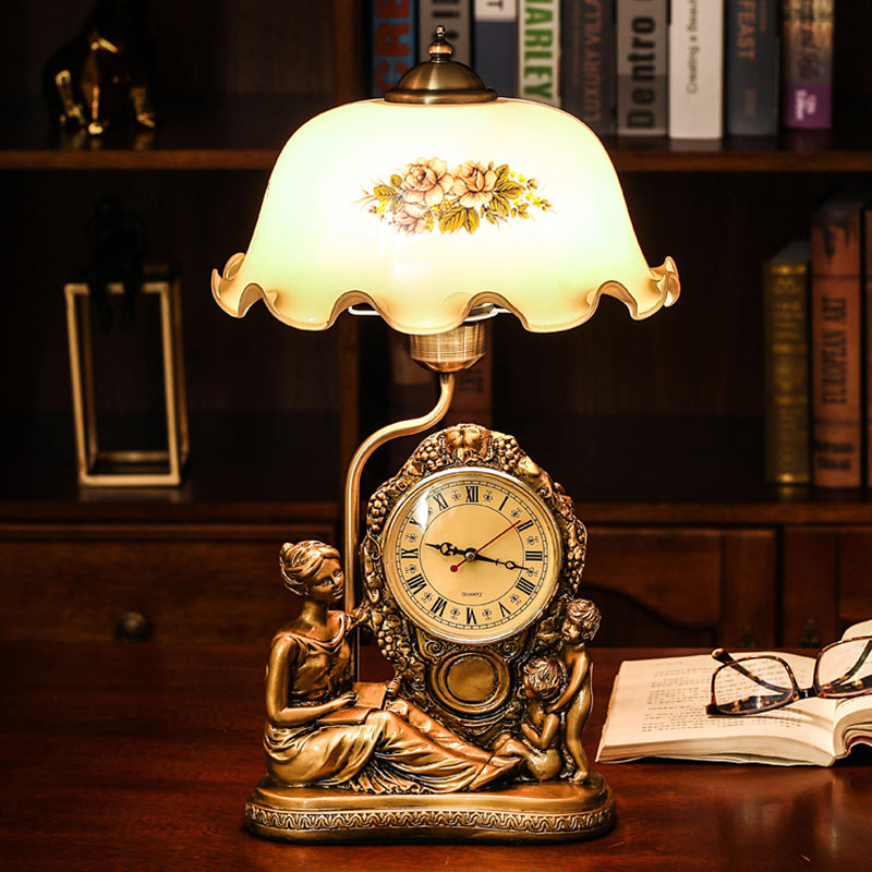 Brass 1 Head Scalloped Table Lamp Vintage Opaline Glass Bowl Reading Book Light with Clock and Woman Deco Brass Clearhalo 'Lamps' 'Table Lamps' Lighting' 1031616