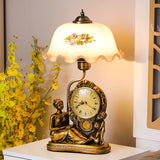 Brass 1 Head Scalloped Table Lamp Vintage Opaline Glass Bowl Reading Book Light with Clock and Woman Deco Clearhalo 'Lamps' 'Table Lamps' Lighting' 1031617