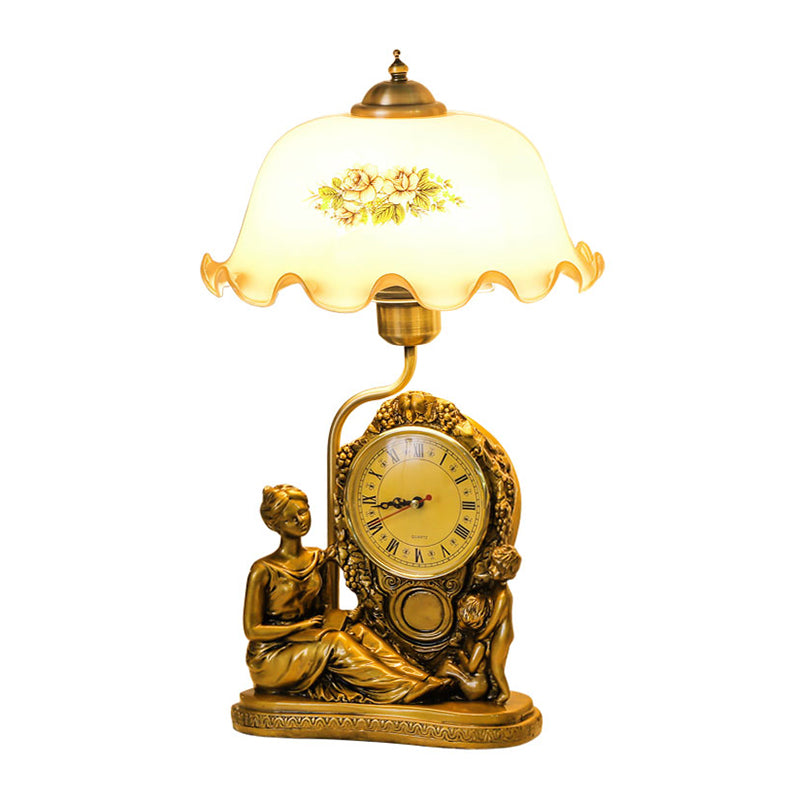 Brass 1 Head Scalloped Table Lamp Vintage Opaline Glass Bowl Reading Book Light with Clock and Woman Deco Clearhalo 'Lamps' 'Table Lamps' Lighting' 1031618