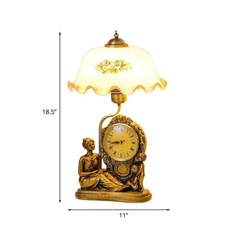 Brass 1 Head Scalloped Table Lamp Vintage Opaline Glass Bowl Reading Book Light with Clock and Woman Deco Clearhalo 'Lamps' 'Table Lamps' Lighting' 1031619