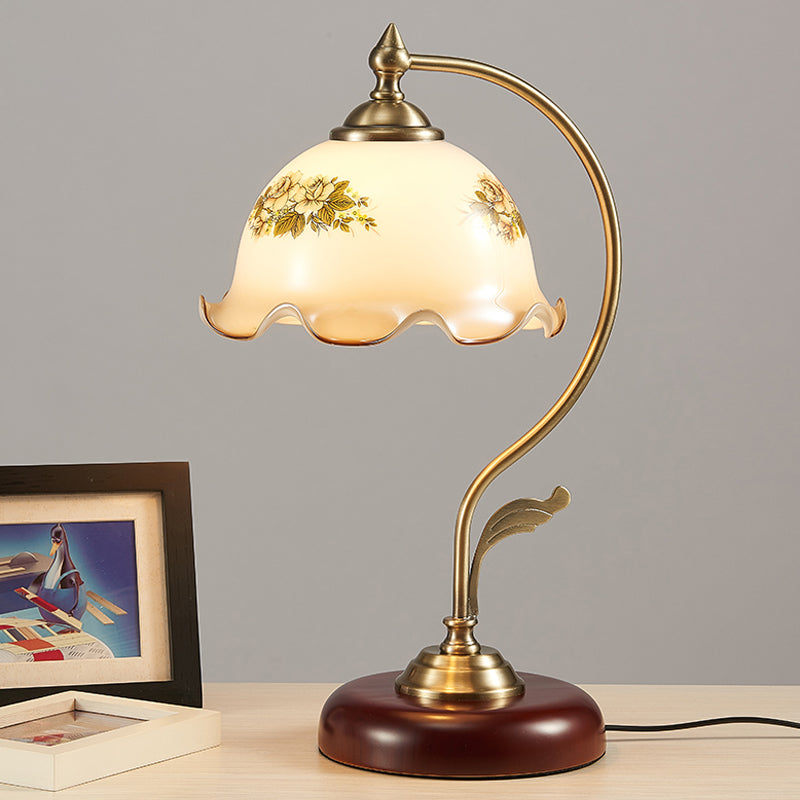 Retro Dome Pleated Night Light Single Bulb Frosted Glass Desk Lamp with Floral Pattern in Gold Clearhalo 'Lamps' 'Table Lamps' Lighting' 1031621
