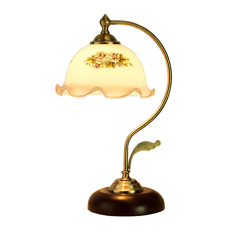 Retro Dome Pleated Night Light Single Bulb Frosted Glass Desk Lamp with Floral Pattern in Gold Clearhalo 'Lamps' 'Table Lamps' Lighting' 1031622