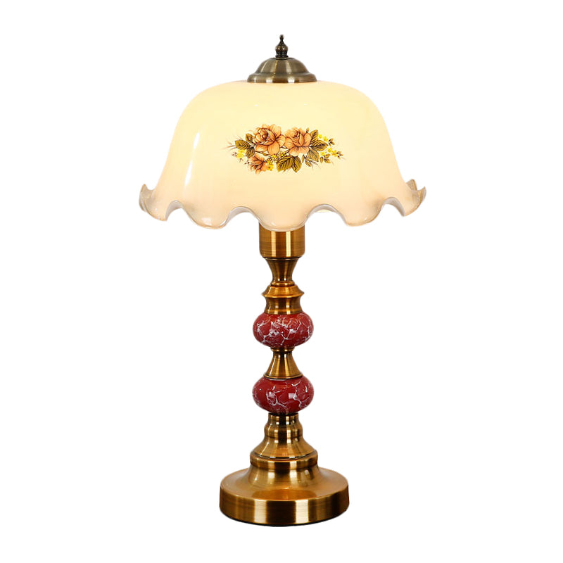 1-Head Scalloped Table Lamp Countryside Scalloped White Printed Flower glass Nightstand Light in Brushed Brass Clearhalo 'Lamps' 'Table Lamps' Lighting' 1031626