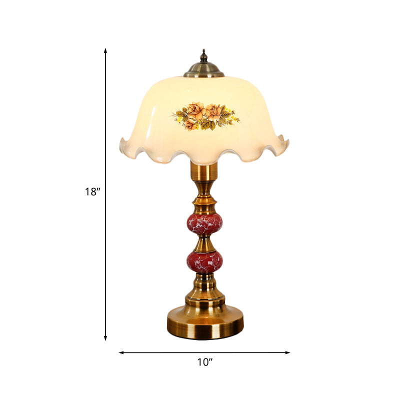 1-Head Scalloped Table Lamp Countryside Scalloped White Printed Flower glass Nightstand Light in Brushed Brass Clearhalo 'Lamps' 'Table Lamps' Lighting' 1031627