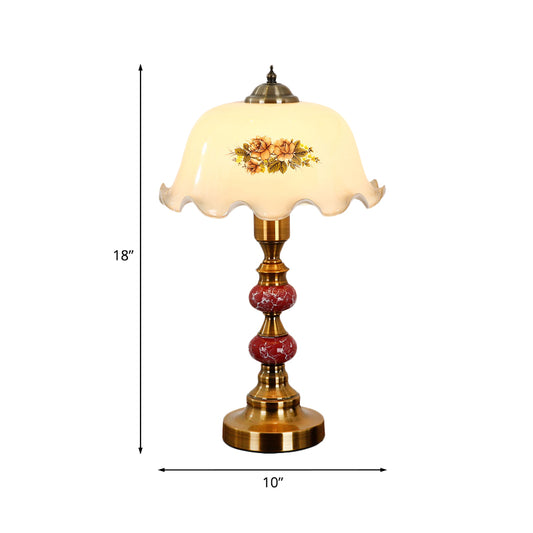 1-Head Scalloped Table Lamp Countryside Scalloped White Printed Flower glass Nightstand Light in Brushed Brass Clearhalo 'Lamps' 'Table Lamps' Lighting' 1031627