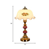 1-Head Scalloped Table Lamp Countryside Scalloped White Printed Flower glass Nightstand Light in Brushed Brass Clearhalo 'Lamps' 'Table Lamps' Lighting' 1031627