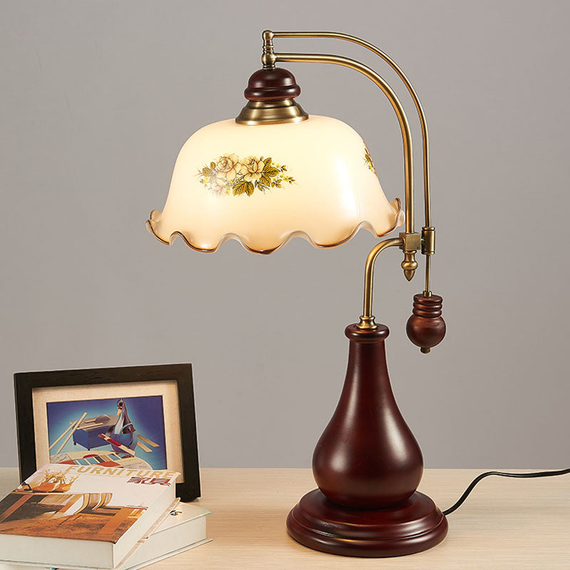 Semi-Sphere Glossy Glass Pleated Desk Light Retro 1 Bulb Bedroom Reading Lamp with Vase Design in Brown Brown Clearhalo 'Lamps' 'Table Lamps' Lighting' 1031628