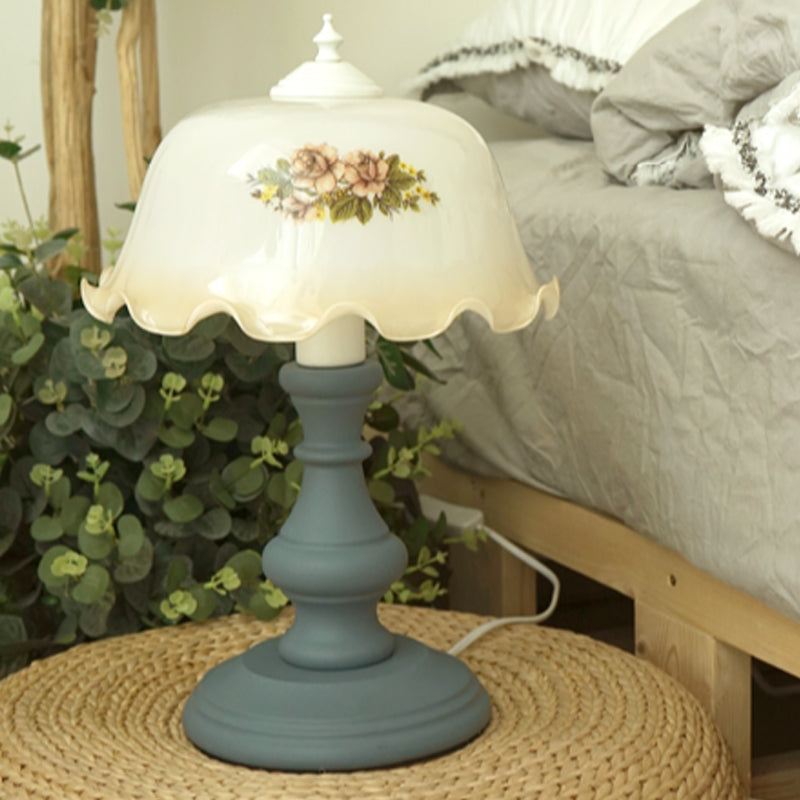 Blue 1 Head Floral Nightstand Lamp Minimalism Opal Glass Dome Table Lighting with Baluster Base Blue Clearhalo 'Lamps' 'Table Lamps' Lighting' 1031632