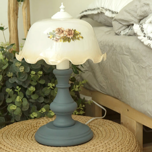 Blue 1 Head Floral Nightstand Lamp Minimalism Opal Glass Dome Table Lighting with Baluster Base Blue Clearhalo 'Lamps' 'Table Lamps' Lighting' 1031632