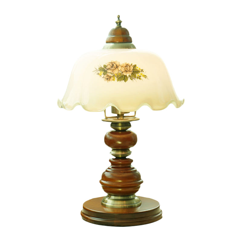 Opal Glass Brown Scalloped Table Lighting Dome 1-Bulb Classic Reading Book Light with Baluster Design Clearhalo 'Lamps' 'Table Lamps' Lighting' 1031638