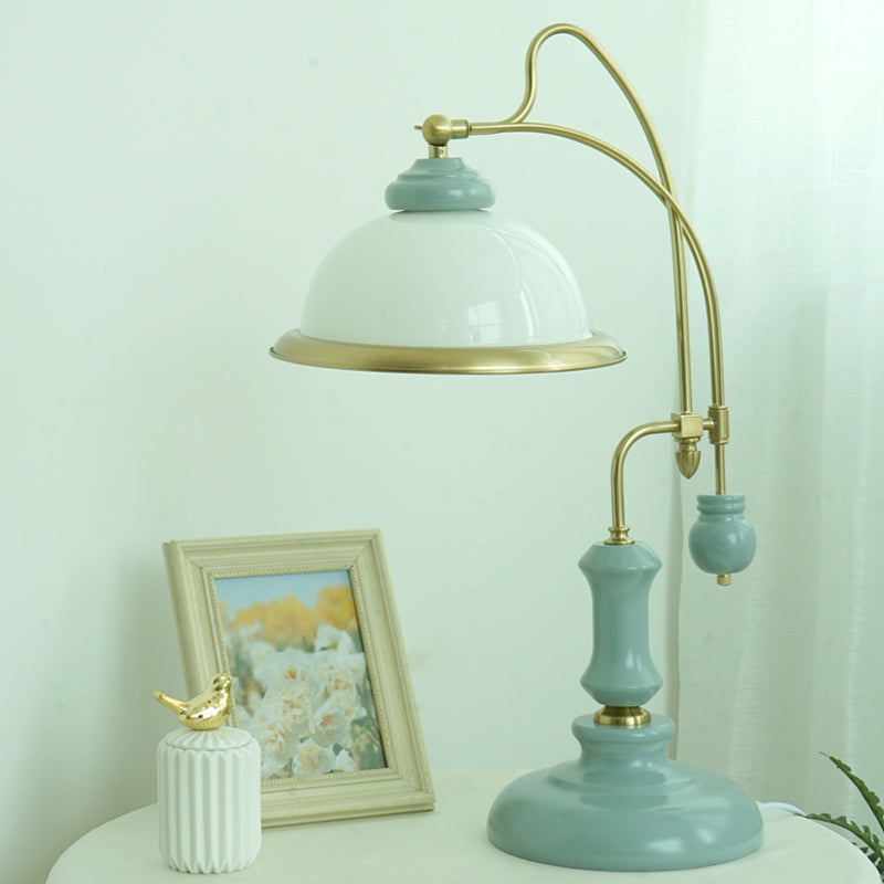Vintage Bowl Reading Lamp 1-Light Frosted Glass Nightstand Lighting with Curved Arm in Blue Blue Clearhalo 'Lamps' 'Table Lamps' Lighting' 1031640