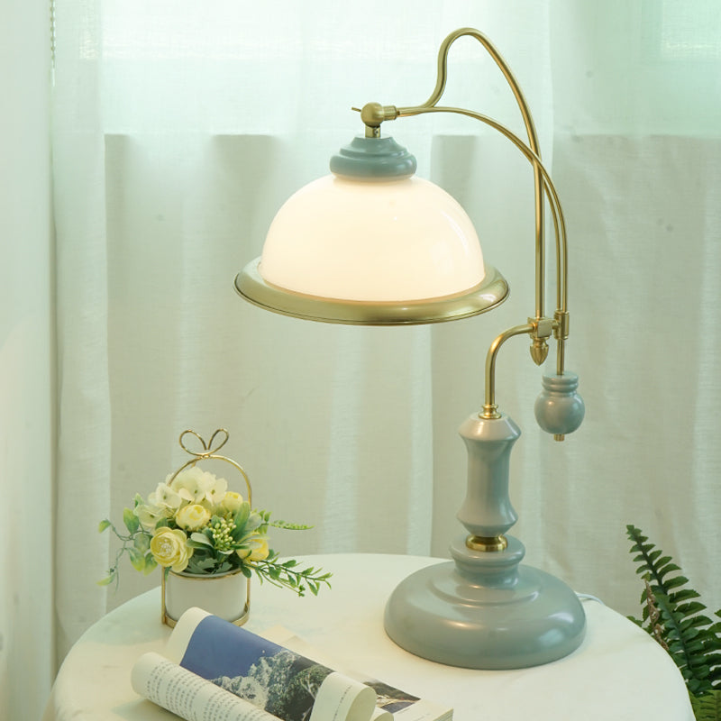 Vintage Bowl Reading Lamp 1-Light Frosted Glass Nightstand Lighting with Curved Arm in Blue Clearhalo 'Lamps' 'Table Lamps' Lighting' 1031641