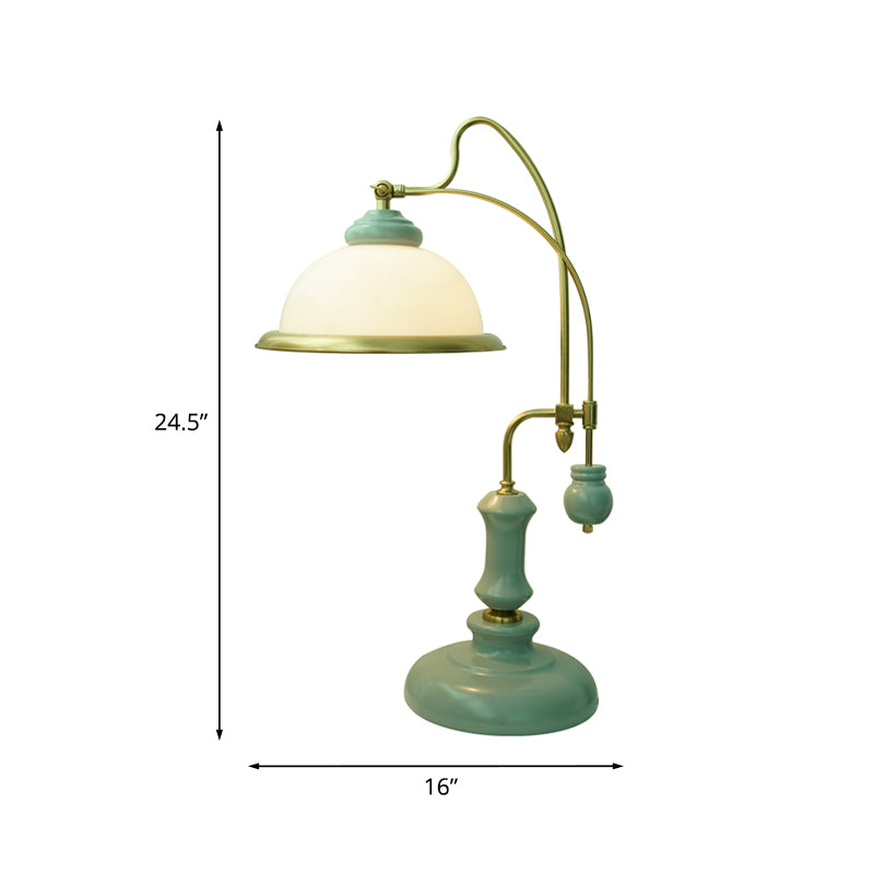 Vintage Bowl Reading Lamp 1-Light Frosted Glass Nightstand Lighting with Curved Arm in Blue Clearhalo 'Lamps' 'Table Lamps' Lighting' 1031643