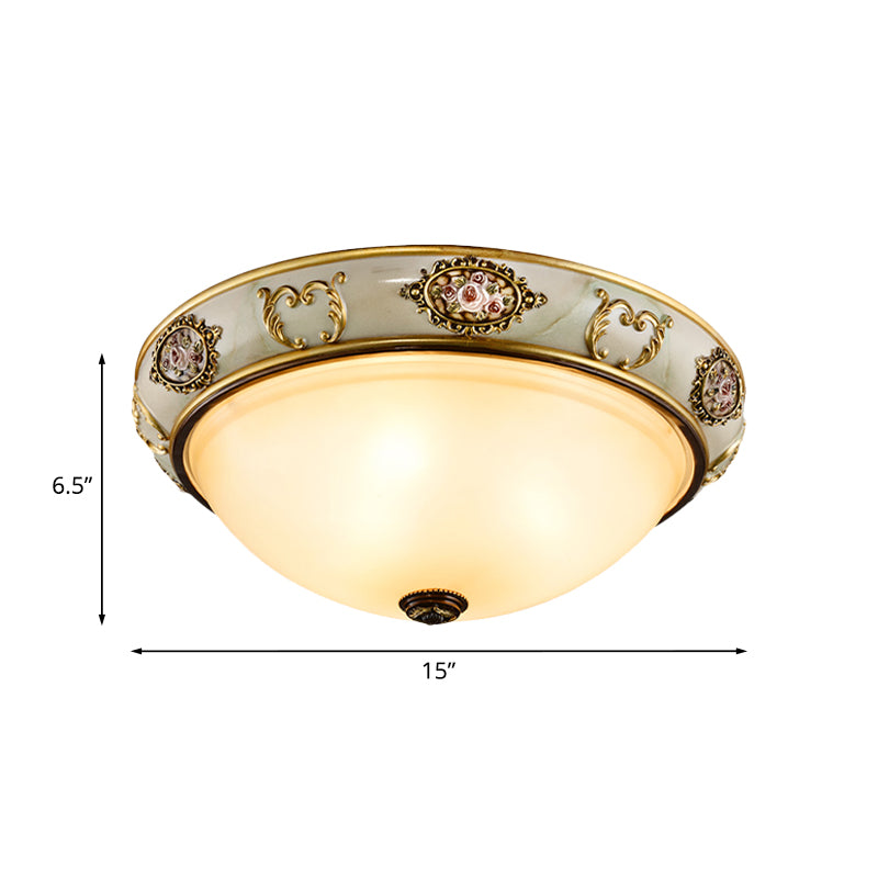 Opal Glass Bowl Flush Mount Fixture Vintage 3 Lights Dining Room Ceiling Lamp in Gold