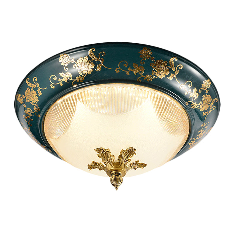 Classic Round Shape Ceiling Fixture 3-Head Ribbed Frosted Glass Flush Mount with Bloom Pattern in Green - Clearhalo - 'Ceiling Lights' - 'Close To Ceiling Lights' - 'Close to ceiling' - 'Flush mount' - Lighting' - 1031686