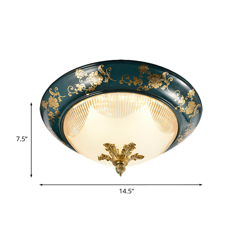 Classic Round Shape Ceiling Fixture 3-Head Ribbed Frosted Glass Flush Mount with Bloom Pattern in Green - Clearhalo - 'Ceiling Lights' - 'Close To Ceiling Lights' - 'Close to ceiling' - 'Flush mount' - Lighting' - 1031687