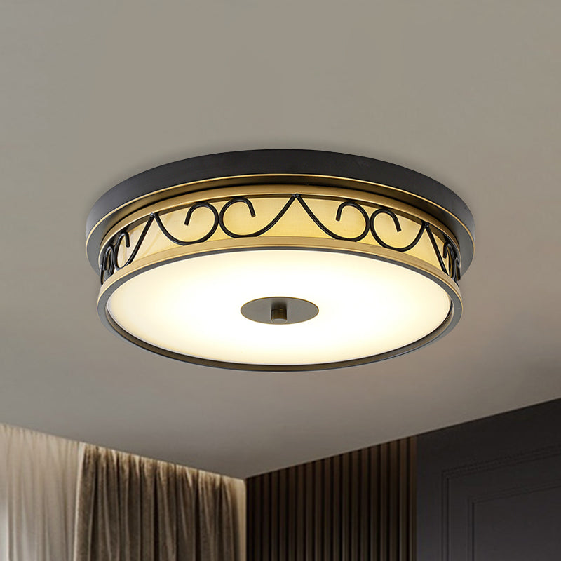 LED Drum Flush Mount Lamp Traditional Black Frosted Glass Ceiling Mounted Light for Living Room Clearhalo 'Ceiling Lights' 'Close To Ceiling Lights' 'Close to ceiling' 'Flush mount' Lighting' 1031689