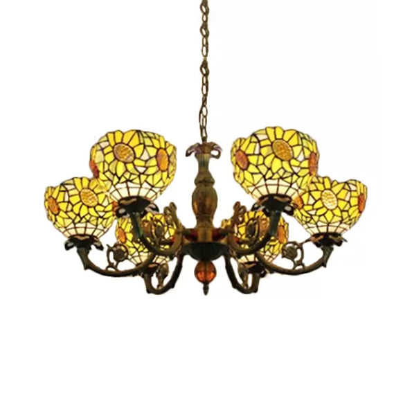Chandeliers for Dining Room Multicolor, 6-Lights Art Glass Pendant Ceiling Lamp with Adjustable Chain Tiffany Style 6 Yellow Clearhalo 'Ceiling Lights' 'Chandeliers' 'Industrial' 'Middle Century Chandeliers' 'Tiffany Chandeliers' 'Tiffany close to ceiling' 'Tiffany' Lighting' 10317