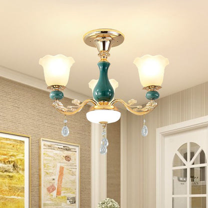 3/6 Bulbs Up Suspension Lamp Classic Flower Opal Glass Pendant Chandelier with Scrolled Arm in Green for Living Room 3 Green Clearhalo 'Ceiling Lights' 'Chandeliers' Lighting' options 1031701_470a1f4f-c44b-48ce-93c0-8f71a6e205f1
