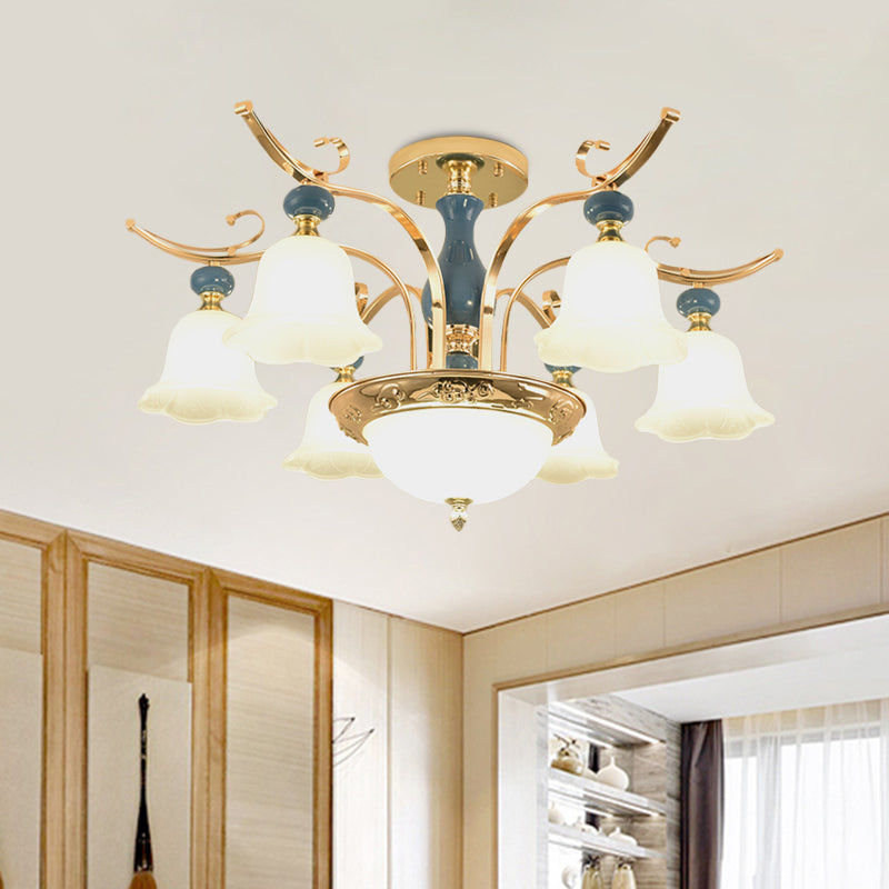 Gold Bowl-Like Semi Flush Mount Traditional Metallic 6-Bulb Bedroom Flush Chandelier with Opal White Glass Shade Gold Clearhalo 'Ceiling Lights' 'Close To Ceiling Lights' 'Close to ceiling' 'Semi-flushmount' Lighting' 1031719