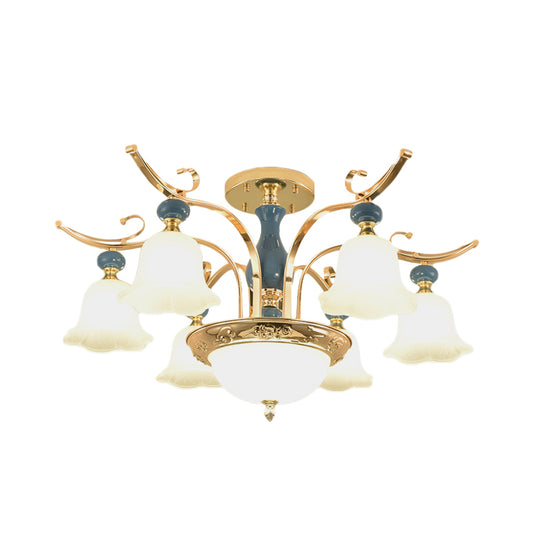 Gold Bowl-Like Semi Flush Mount Traditional Metallic 6-Bulb Bedroom Flush Chandelier with Opal White Glass Shade Clearhalo 'Ceiling Lights' 'Close To Ceiling Lights' 'Close to ceiling' 'Semi-flushmount' Lighting' 1031720