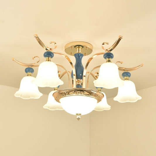 Gold Bowl-Like Semi Flush Mount Traditional Metallic 6-Bulb Bedroom Flush Chandelier with Opal White Glass Shade Clearhalo 'Ceiling Lights' 'Close To Ceiling Lights' 'Close to ceiling' 'Semi-flushmount' Lighting' 1031721