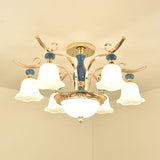 Gold Bowl-Like Semi Flush Mount Traditional Metallic 6-Bulb Bedroom Flush Chandelier with Opal White Glass Shade Clearhalo 'Ceiling Lights' 'Close To Ceiling Lights' 'Close to ceiling' 'Semi-flushmount' Lighting' 1031721