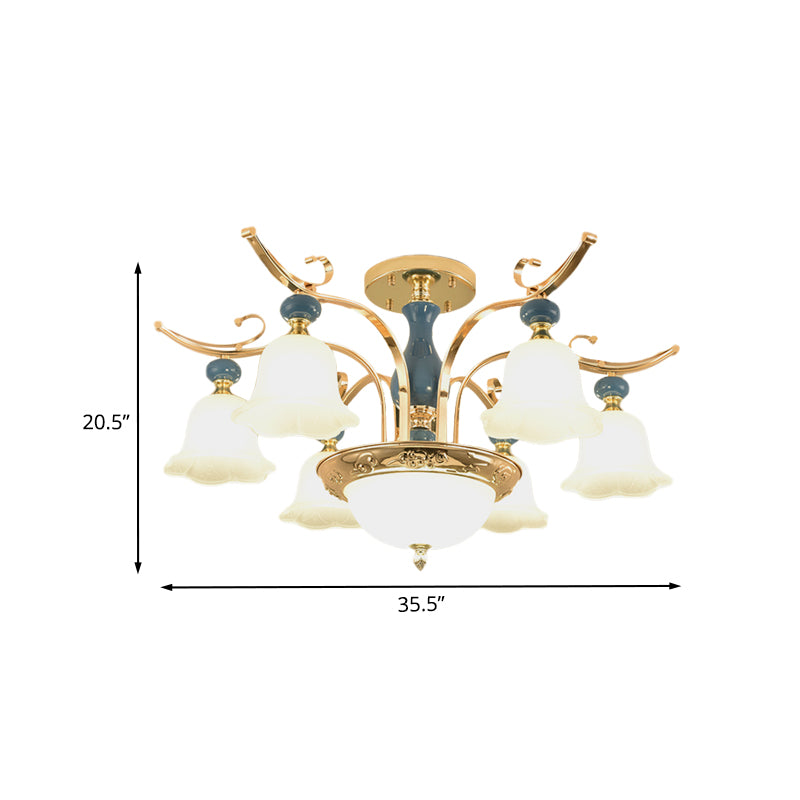 Gold Bowl-Like Semi Flush Mount Traditional Metallic 6-Bulb Bedroom Flush Chandelier with Opal White Glass Shade Clearhalo 'Ceiling Lights' 'Close To Ceiling Lights' 'Close to ceiling' 'Semi-flushmount' Lighting' 1031722