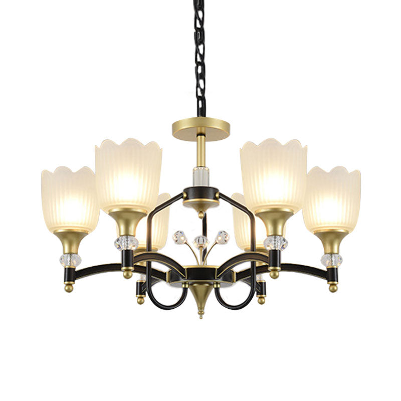 Opal Glass Scalloped Suspension Lighting Fixture Traditional 3/6-Head Bedroom Chandelier Light in Black and Gold Clearhalo 'Ceiling Lights' 'Chandeliers' Lighting' options 1031746