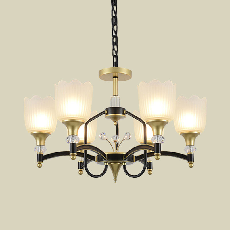 Opal Glass Scalloped Suspension Lighting Fixture Traditional 3/6-Head Bedroom Chandelier Light in Black and Gold Clearhalo 'Ceiling Lights' 'Chandeliers' Lighting' options 1031747
