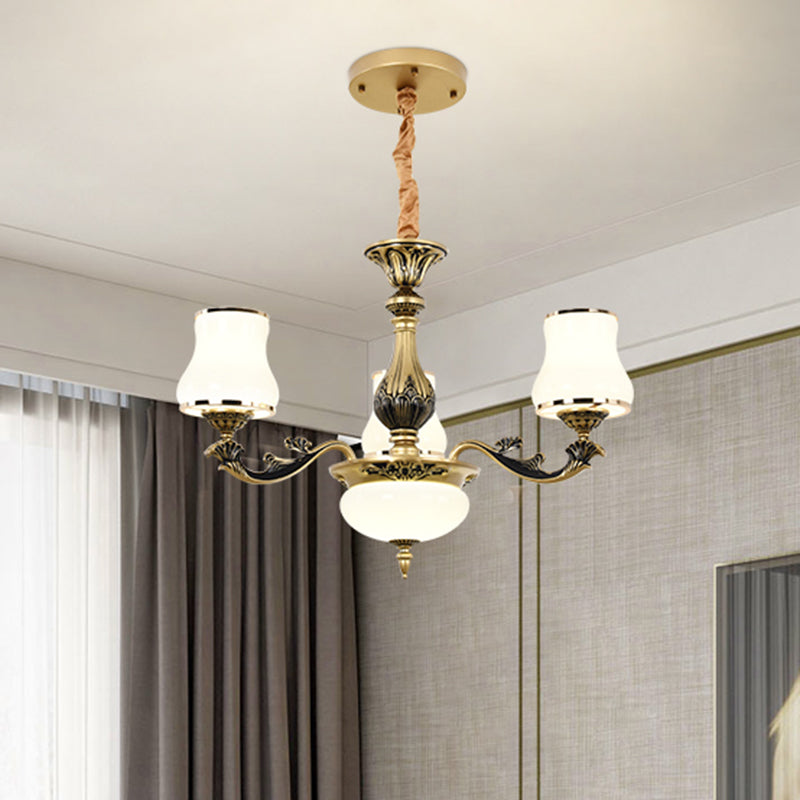 Minimalism Trumpet Pendant Light 3/6 Bulbs Milky Glass Hanging Chandelier with Curvy Arm in Black-Gold for Living Room Clearhalo 'Ceiling Lights' 'Chandeliers' Lighting' options 1031758