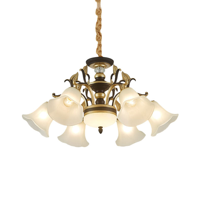 Black-Gold Flower-Like Suspension Lighting Traditional Milky Glass 3/6/8 Heads Dining Room Down Hanging Chandelier Clearhalo 'Ceiling Lights' 'Chandeliers' Lighting' options 1031786