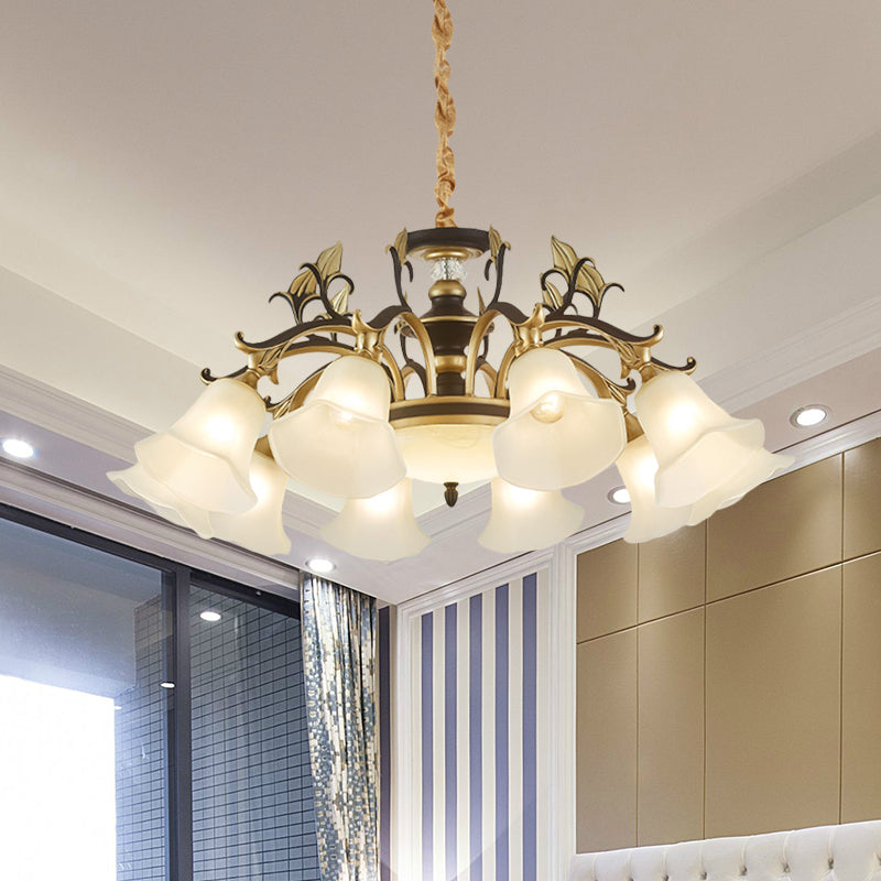 Black-Gold Flower-Like Suspension Lighting Traditional Milky Glass 3/6/8 Heads Dining Room Down Hanging Chandelier Clearhalo 'Ceiling Lights' 'Chandeliers' Lighting' options 1031794