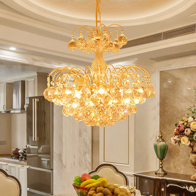 European Conic Ceiling Chandelier 6 Lights Crystal Bead Suspension Pendant Light in Gold Gold Clearhalo 'Ceiling Lights' 'Chandeliers' 'Modern Chandeliers' 'Modern' Lighting' 1031884
