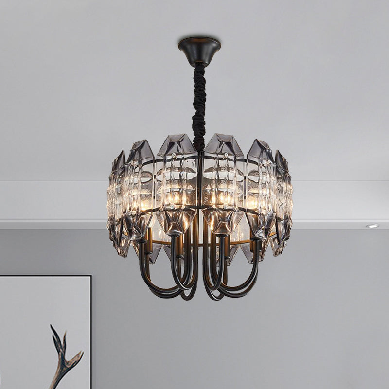 Black Drum Suspension Lighting Nordic Beveled Crystal Prisms 8 Bulbs Bedroom Hanging Chandelier Black Clearhalo 'Ceiling Lights' 'Chandeliers' 'Modern Chandeliers' 'Modern' Lighting' 1031896