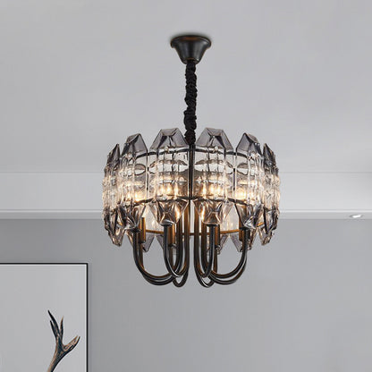 Black Drum Suspension Lighting Nordic Beveled Crystal Prisms 8 Bulbs Bedroom Hanging Chandelier Black Clearhalo 'Ceiling Lights' 'Chandeliers' 'Modern Chandeliers' 'Modern' Lighting' 1031896
