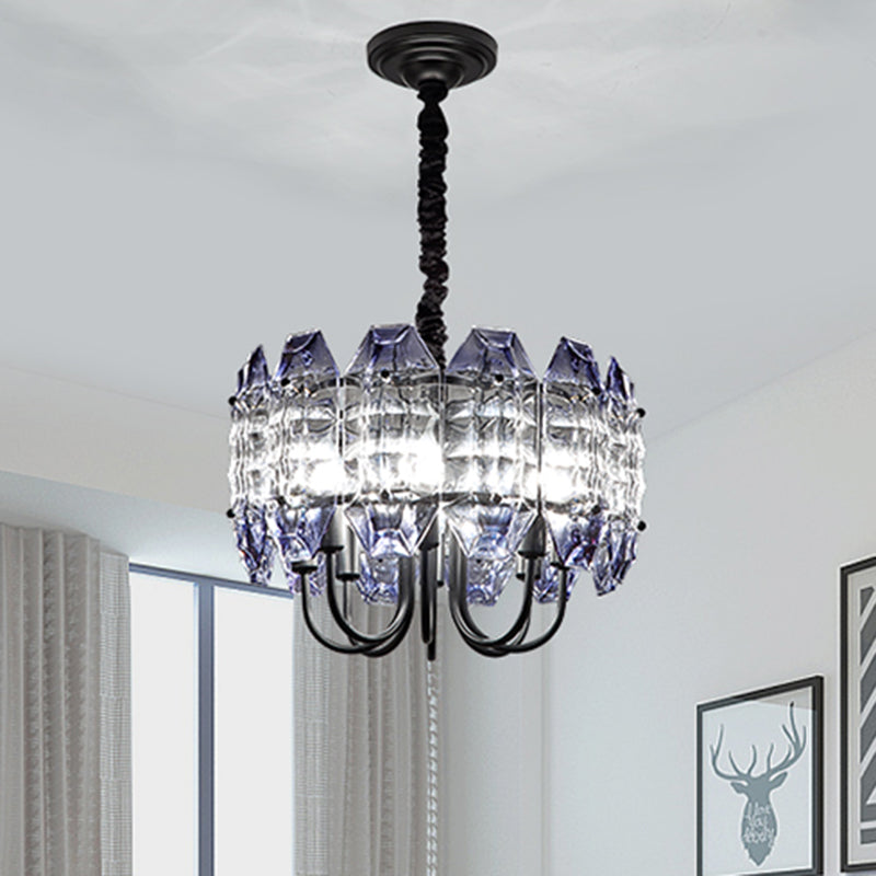 Black Drum Suspension Lighting Nordic Beveled Crystal Prisms 8 Bulbs Bedroom Hanging Chandelier Clearhalo 'Ceiling Lights' 'Chandeliers' 'Modern Chandeliers' 'Modern' Lighting' 1031897