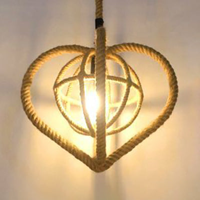 Lodge Heart Pendant Light with Inner Globe Shade 1 Head Manila Rope Hanging Lighting in Brown Brown Clearhalo 'Ceiling Lights' 'Industrial Pendants' 'Industrial' 'Middle Century Pendants' 'Pendant Lights' 'Pendants' 'Tiffany' Lighting' 103191