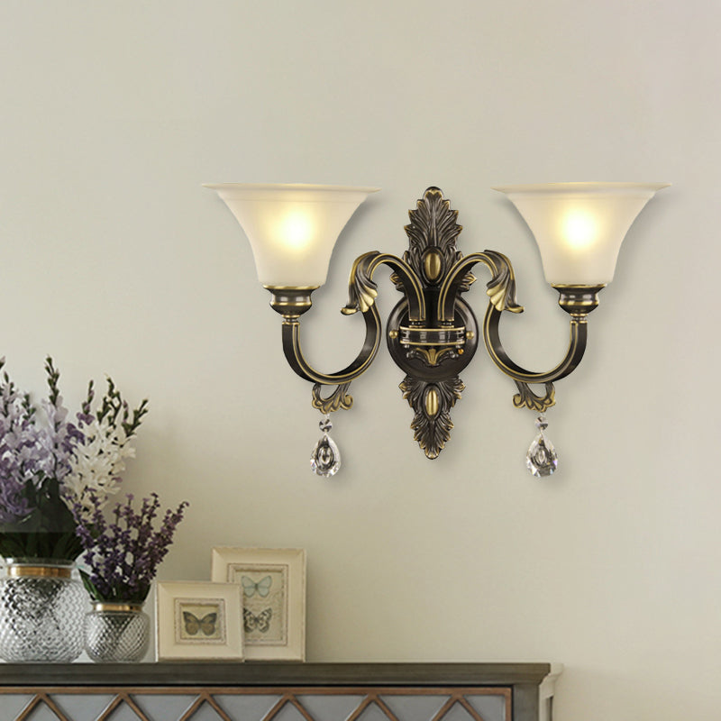 Black and Gold 2-Bulb Wall Mounted Lamp Simple Crystal Raindrop Bell Shade Sconce Light Fixture Clearhalo 'Modern wall lights' 'Modern' 'Wall Lamps & Sconces' 'Wall Lights' Lighting' 1031957